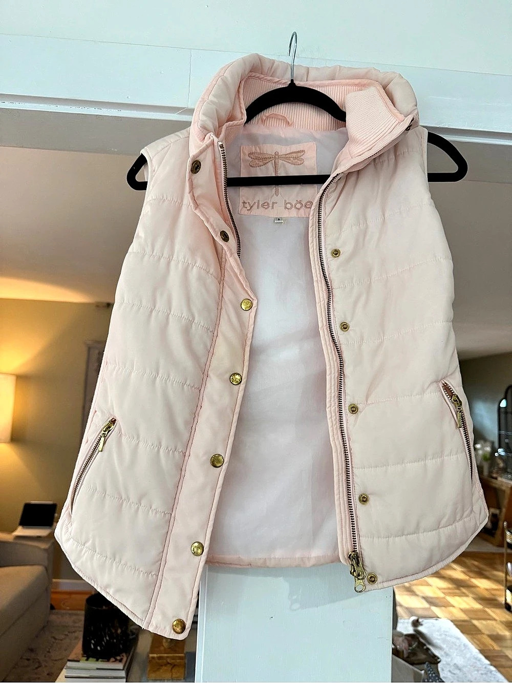 tyler boe Quilted Puffer Vest with Ribbed Side Panels Pink Small